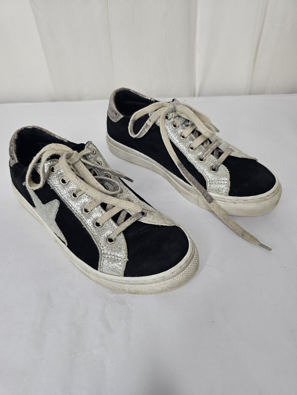 Dylan Skye Black Suede & Silver Glitter Star Sneakers Grunge Size 37